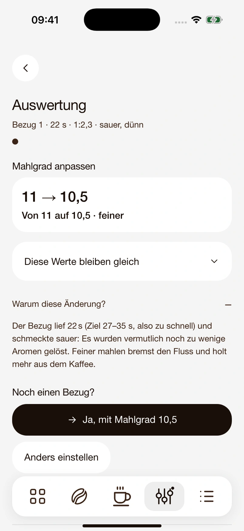 Auswertung in 18/36: Mahlgrad von 11 auf 10,5 ändern, mit Erklärung für den nächsten Bezug
