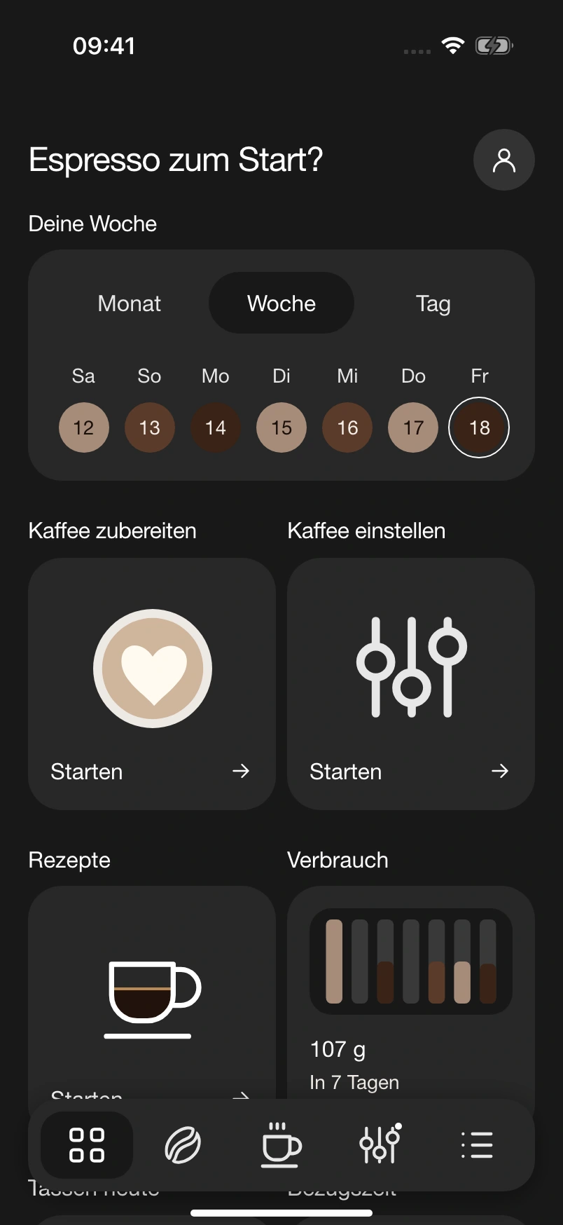 18/36 Startseite mit Kaffee zubereiten, Kaffee einstellen und Rezepten
