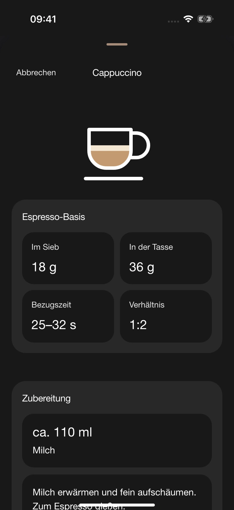 Das Cappuccino-Rezept in 18/36 mit Espresso-Startwerten und Milchmenge